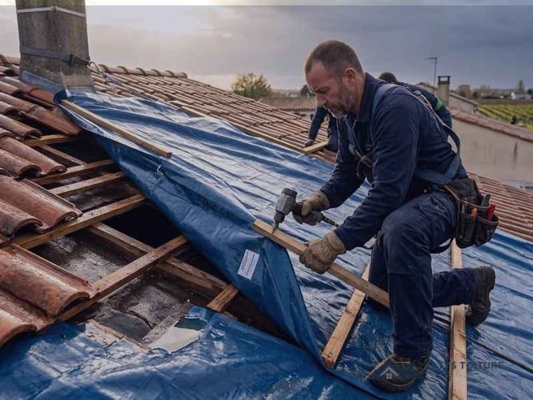 Mise hors d’eau et bâchage de toiture — chantier Altys Toiture à Bruges
